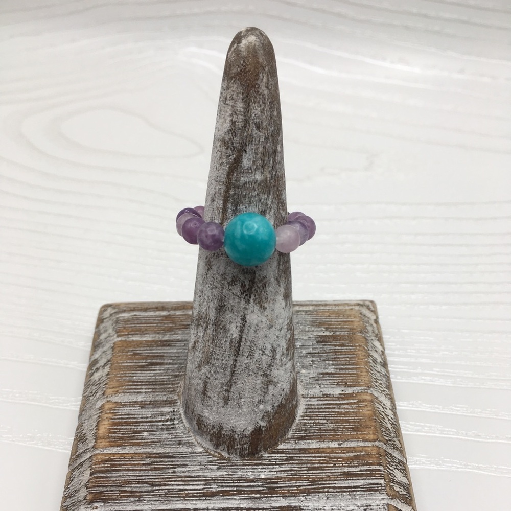 HANDCRAFTED Lepidolite & Teal Jade Stretch Bead Ring